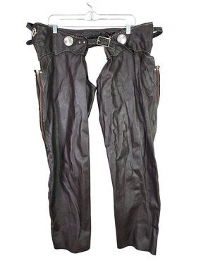 Mens Vintage Brown Leather Chaps With Silver Coin Accents & Zippered Legs Size L